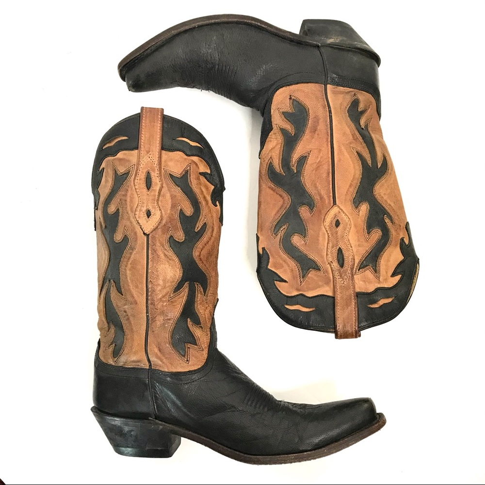 OLD WEST Leather Cowboy Boots Western Ranch Size 8 Two Tone Tan Black Ranch